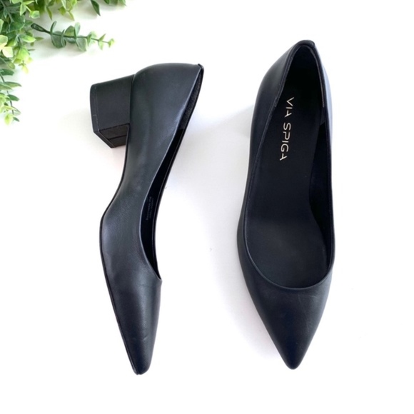 Via Spiga Shoes - Via Spiga Black Leather Block Heel Pointy Toe Pump